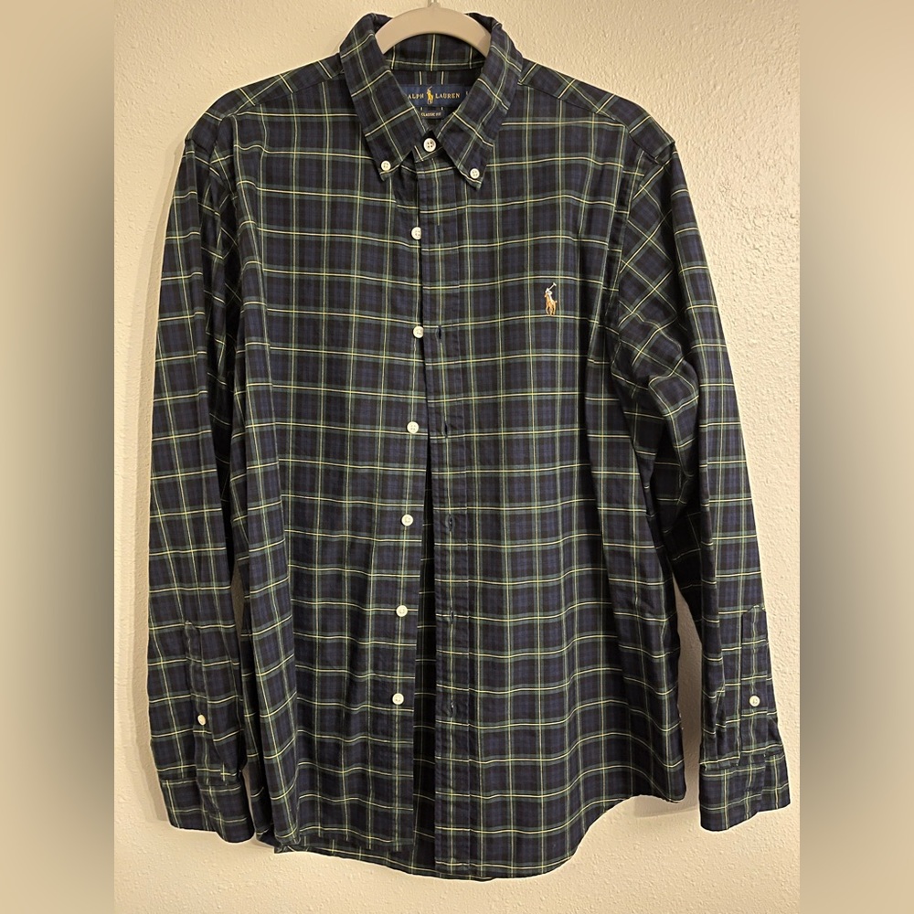 Ralph Lauren Large Classic Fit Oxford button down. Navy, green, yellow plaid.